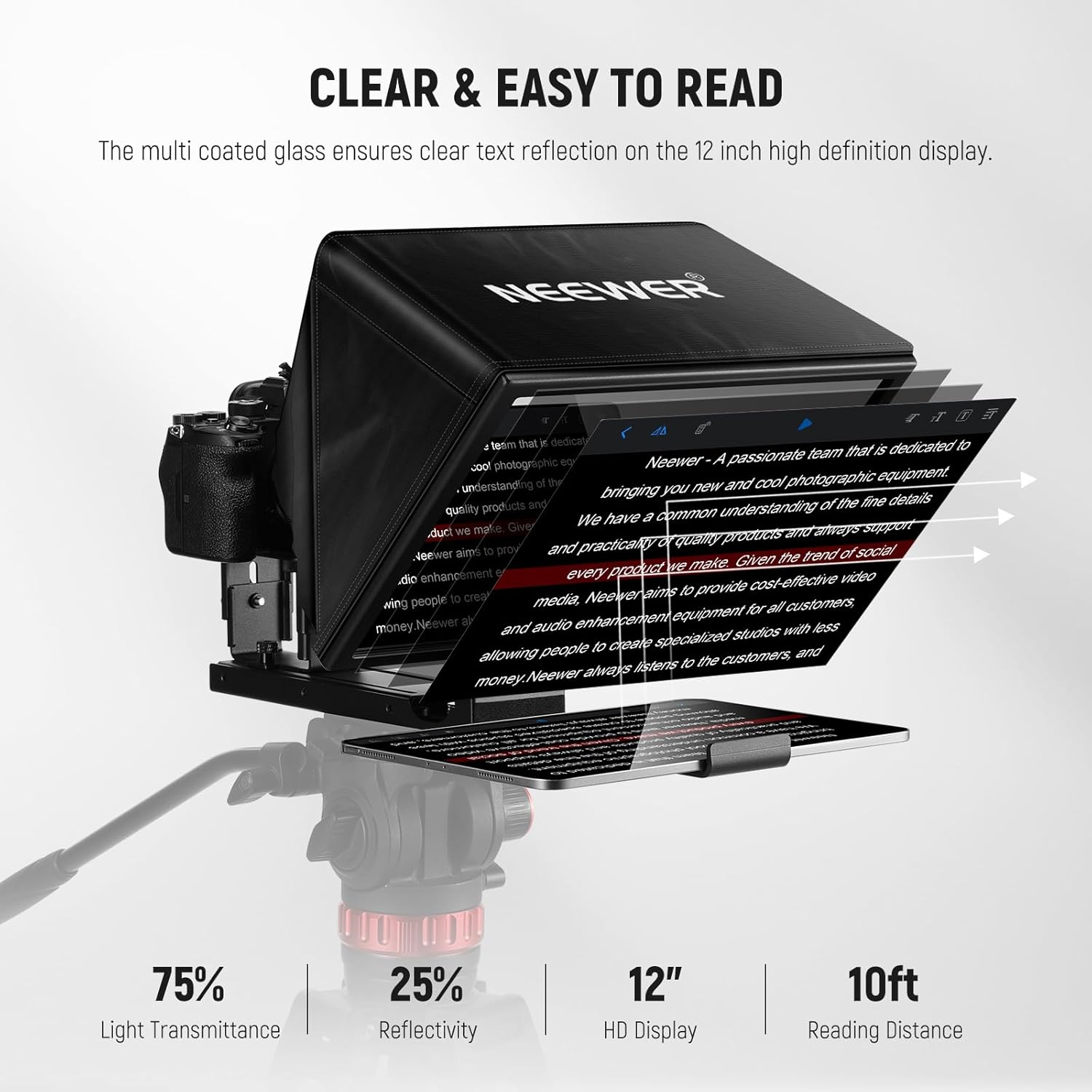 NEEWER Basic X12B Aluminum Alloy Liftable Teleprompter 12" for iPad Tablet Phone DSLR Camera