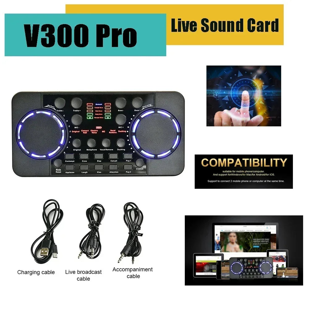 V300 Pro Portable Live Sound Card & Audio Mixer – Bluetooth, Noise Reduction & USB Recording