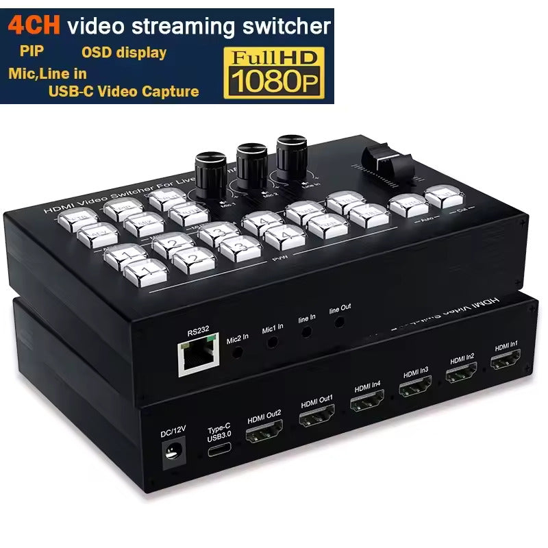 Hridz 4-in-2 HDMI Video Switcher 1080P@60Hz | Live Streaming Mixer Station with PIP, OBS Support & Type-C Capture Port