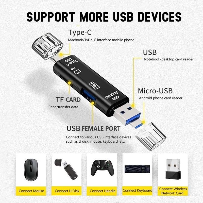 6-in-1 USB 2.0 Type-C & Micro USB OTG Card Reader – SD/TF Memory Card Adapter for Smartphone, Tablet, Laptop & PC