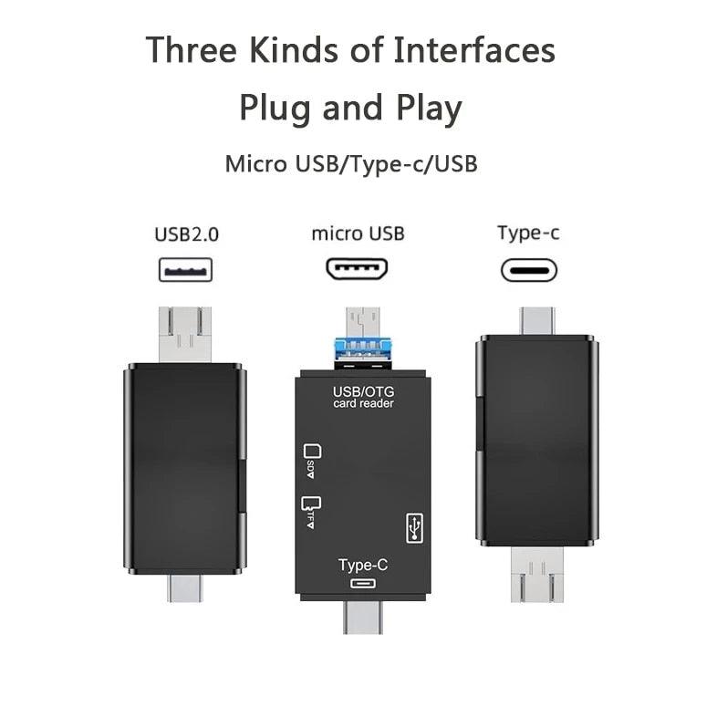 6-in-1 USB 2.0 Type-C & Micro USB OTG Card Reader – SD/TF Memory Card Adapter for Smartphone, Tablet, Laptop & PC