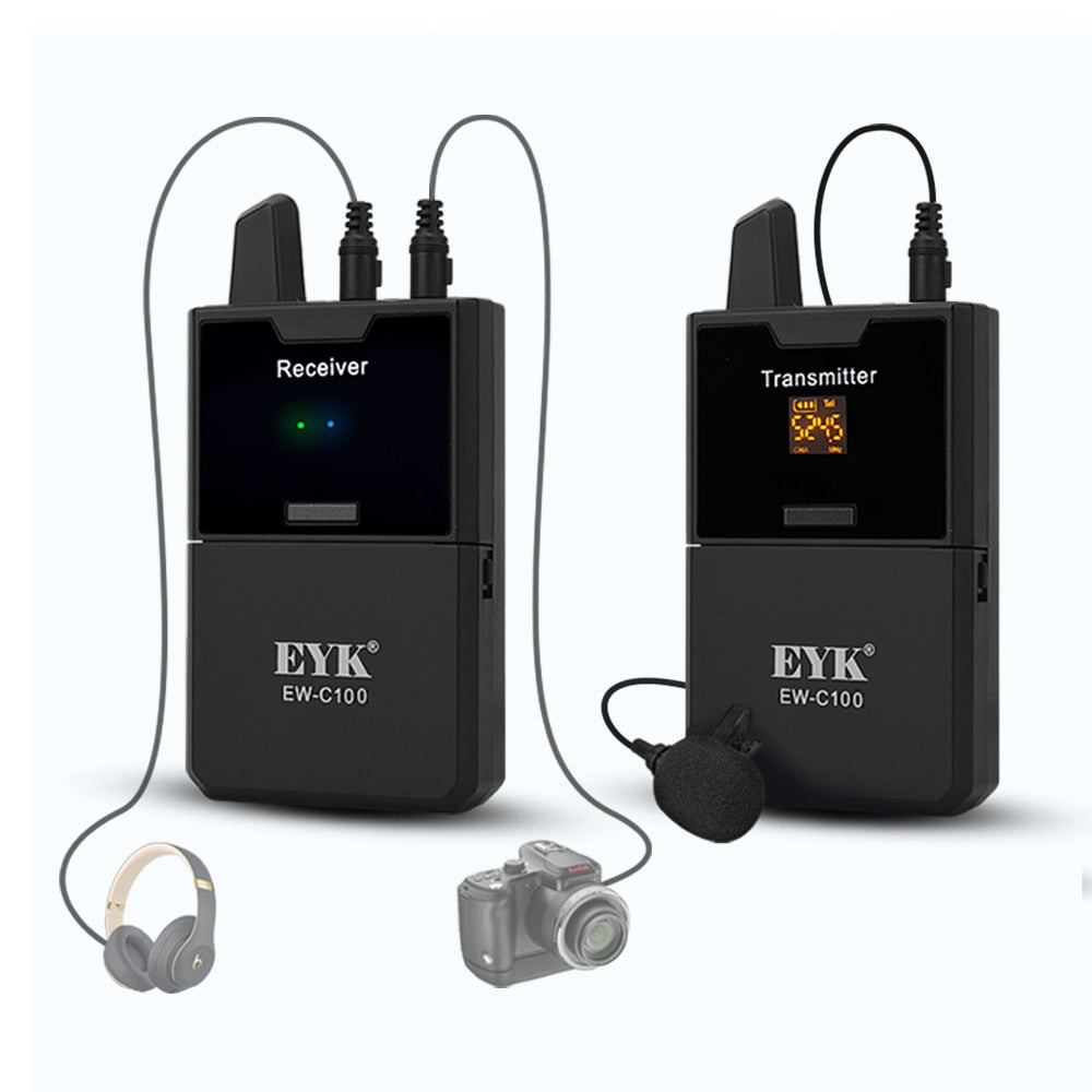 EYK UHF Wireless Lavalier Microphone with Headphone Monitor – EW-C100 / EW-C102 30-Channel Lapel Mic System