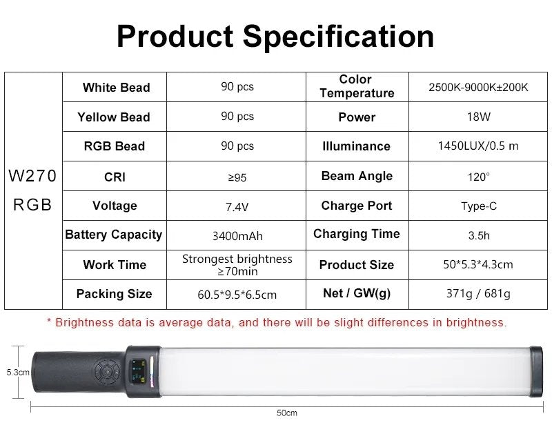 HRIDZ W270RGB 50cm Handheld RGB LED Stick Light – 20W Photography Video Tube Light with 2500K-9000K Adjustable Color Temperature & Rechargeable Battery