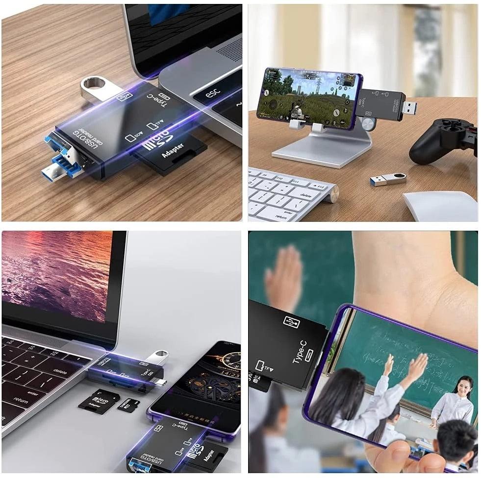 Hridz 6-in-1 USB-C & Micro USB Card Reader — SD/TF Memory Adapter for Phone, Tablet & Laptop