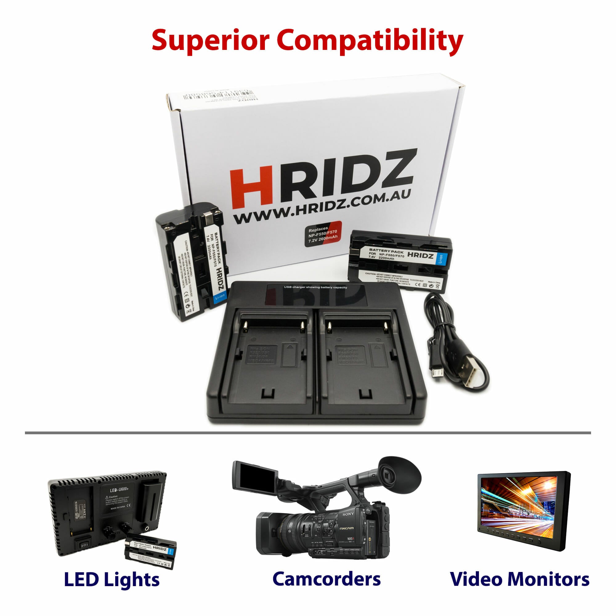 Hridz-NP-F550 2*Batteries & Dual Charger Compatible with Sony NPF 550 970 series
