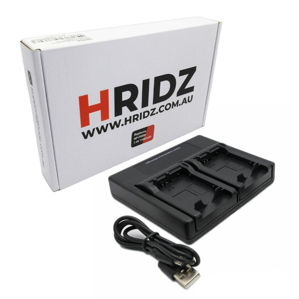 Hridz NP-FW50 Dual Battery Charger for Sony A6000, A6400, A7 II, ZV-E10, NEX & RX10