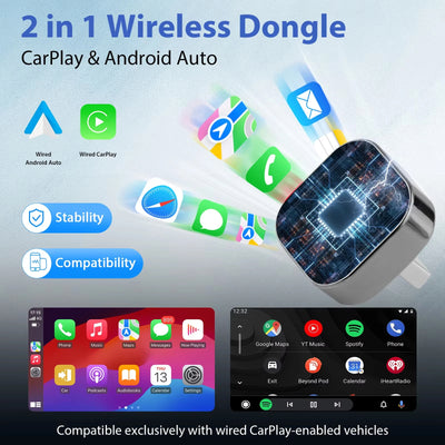 2-in-1 Wireless CarPlay & Android Auto AI Smart Box Adapter – Convert Wired CarPlay to Wireless for VW, Toyota, Nissan, Honda, Ford, Benz