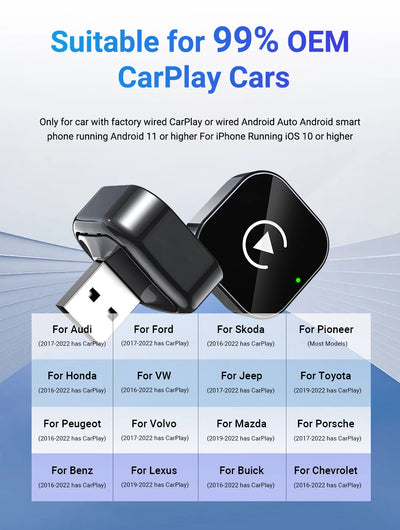2-in-1 Wireless CarPlay & Android Auto AI Smart Box Adapter – Convert Wired CarPlay to Wireless for VW, Toyota, Nissan, Honda, Ford, Benz