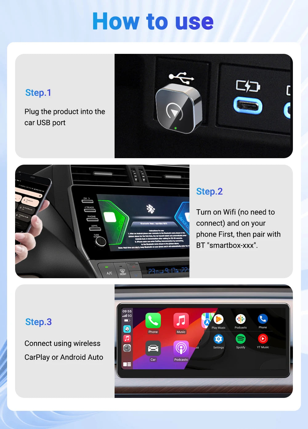2-in-1 Wireless CarPlay & Android Auto AI Smart Box Adapter – Convert Wired CarPlay to Wireless for VW, Toyota, Nissan, Honda, Ford, Benz