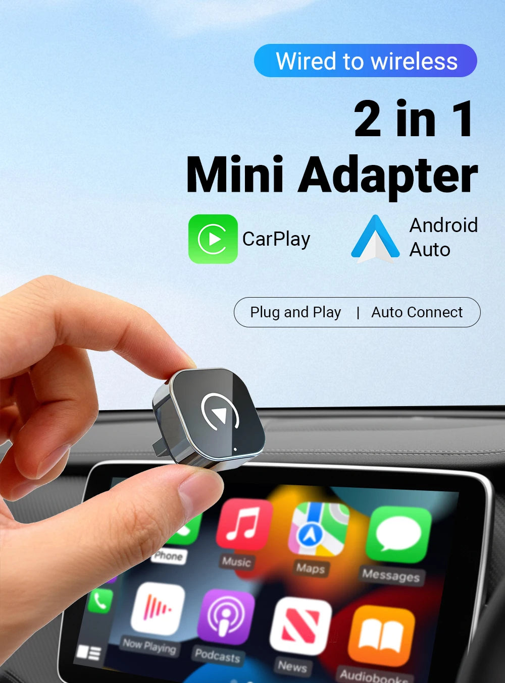 2-in-1 Wireless CarPlay & Android Auto AI Smart Box Adapter – Convert Wired CarPlay to Wireless for VW, Toyota, Nissan, Honda, Ford, Benz