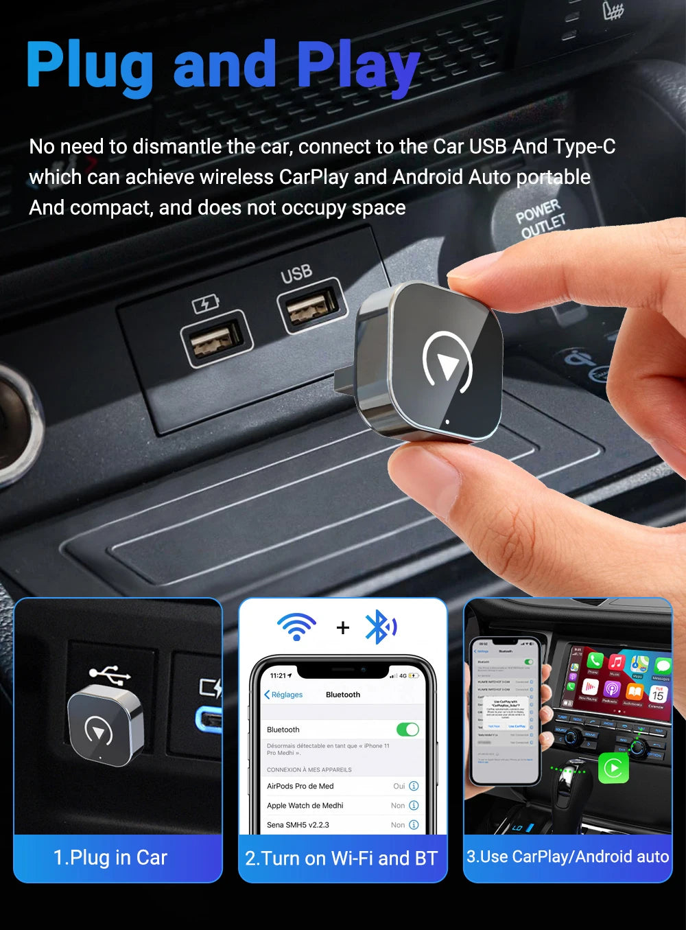 2-in-1 Wireless CarPlay & Android Auto AI Smart Box Adapter – Convert Wired CarPlay to Wireless for VW, Toyota, Nissan, Honda, Ford, Benz