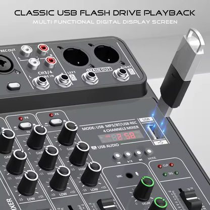 4 Channel Audio Mixer 48V Phantom Power USB Studio Sound Mixers Bluetooth DJ Console Mixing