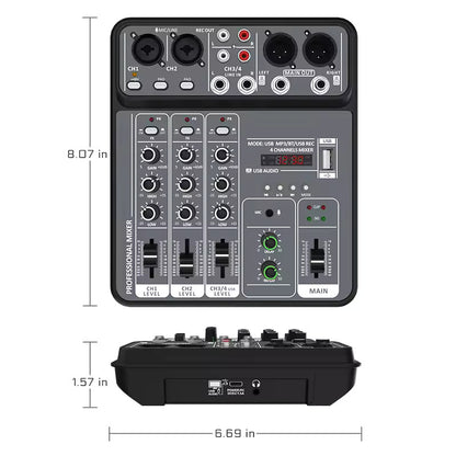 4 Channel Audio Mixer 48V Phantom Power USB Studio Sound Mixers Bluetooth DJ Console Mixing
