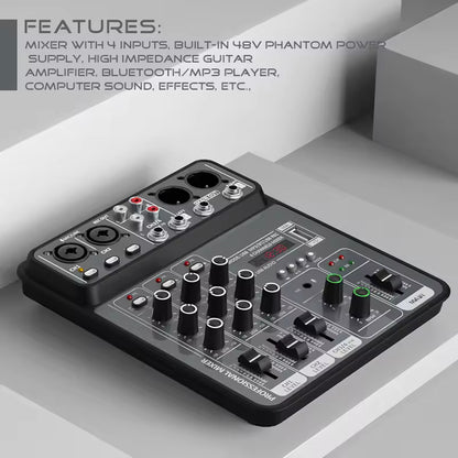 4 Channel Audio Sound Mixer 48V Phantom Power USB Studio Sound Mixers Bluetooth DJ Console Mixing