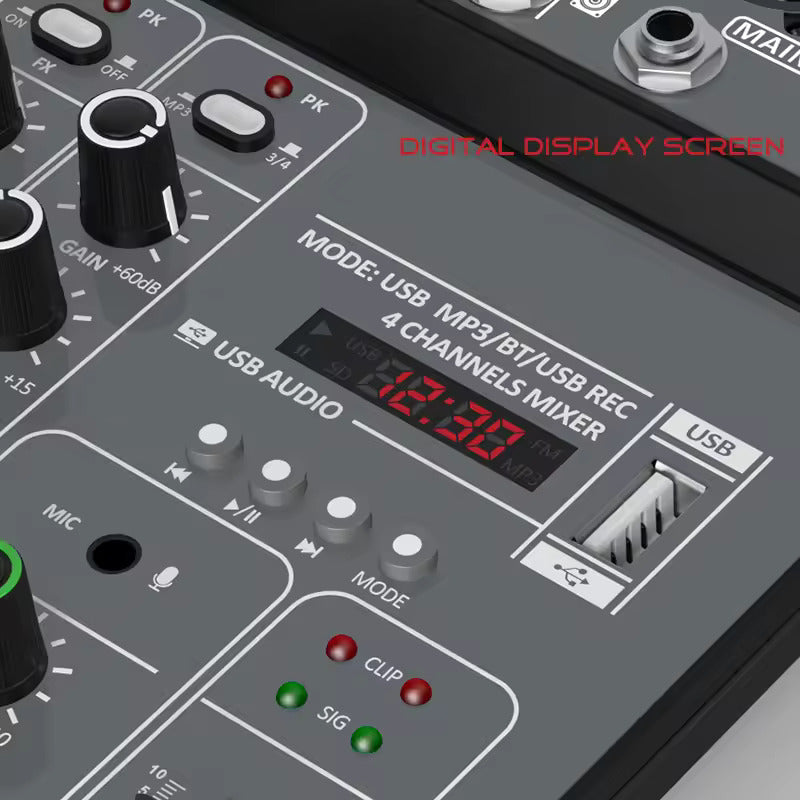 4 Channel Audio Sound Mixer 48V Phantom Power USB Studio Sound Mixers Bluetooth DJ Console Mixing