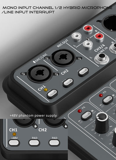 4 Channel Audio Sound Mixer 48V Phantom Power USB Studio Sound Mixers Bluetooth DJ Console Mixing