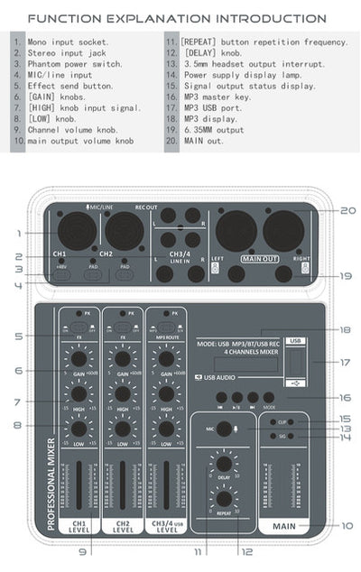 4 Channel Audio Sound Mixer 48V Phantom Power USB Studio Sound Mixers Bluetooth DJ Console Mixing