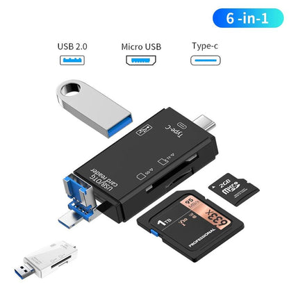 6-in-1 USB 2.0 Type-C & Micro USB OTG Card Reader – SD/TF Memory Card Adapter for Smartphone, Tablet, Laptop & PC