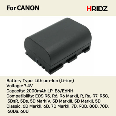 Hridz LP-E6 / LP-E6NH Replacement Battery for Canon EOS R7, R6, 5D, 6D, 7D, 80D, 70D, 60D