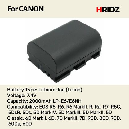 1Pc HRIDZ LP-E6 E6NH Battery for Canon EOS R7 R6 5D 6D 7D 80D 70D 60D LP-E6NH 60Da