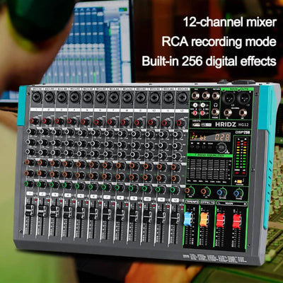 Hridz 12 Channel Professional Audio Mixer Console with Bluetooth, USB, 7-Band Equalizer, DSP Effects - HG12
