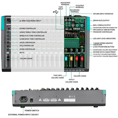 Hridz 12 Channel Professional Audio Mixer Console with Bluetooth, USB, 7-Band Equalizer, DSP Effects - HG12
