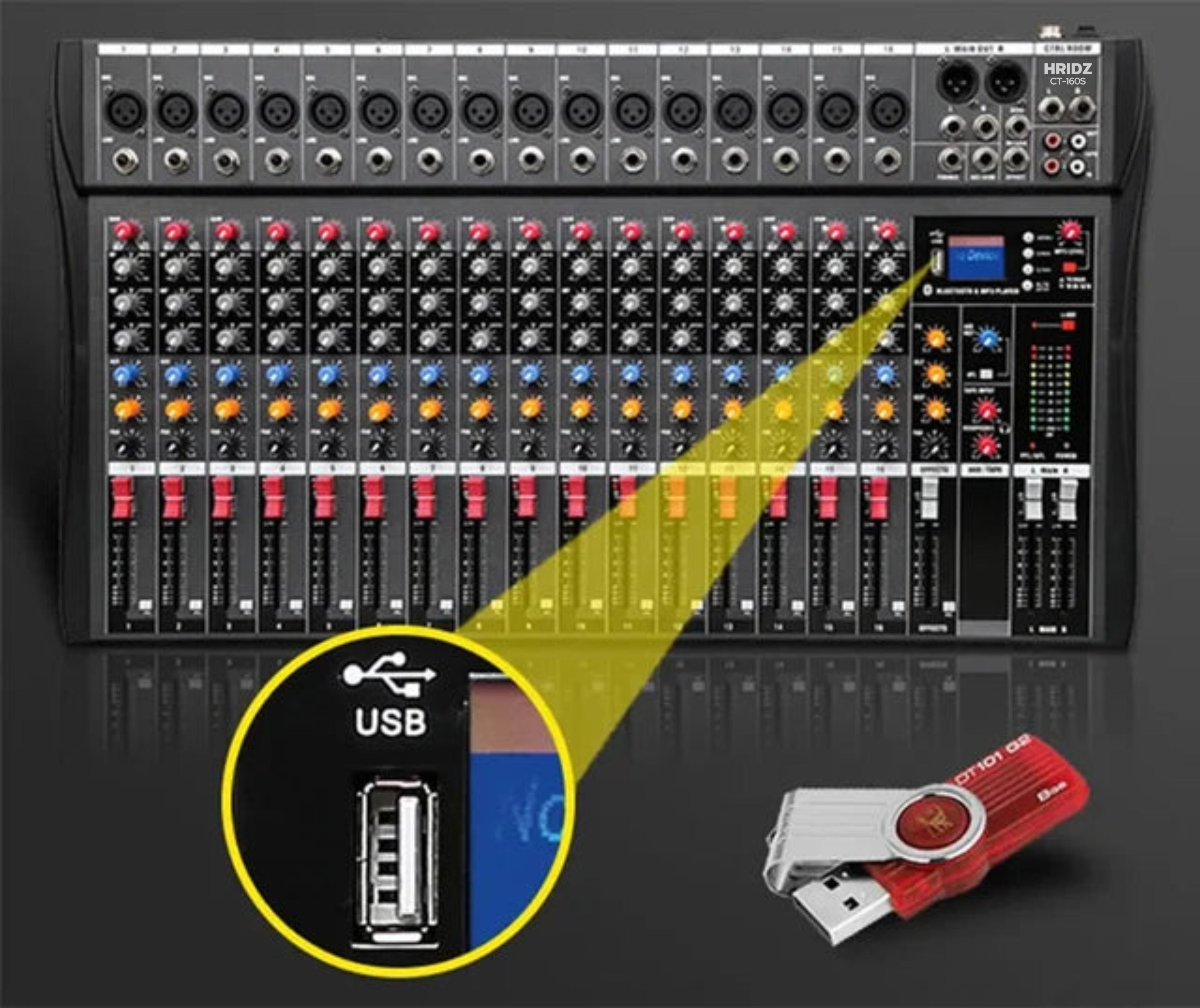 Hridz 16-Ch Professional Audio Mixer - USB Interface, Bluetooth & 48V Phantom Power for Studio, DJ, Karaoke & Live Stage