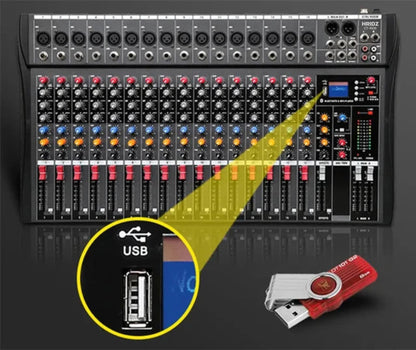 Hridz 16-Ch Professional Audio Mixer - USB Interface, Bluetooth & 48V Phantom Power for Studio, DJ, Karaoke & Live Stage