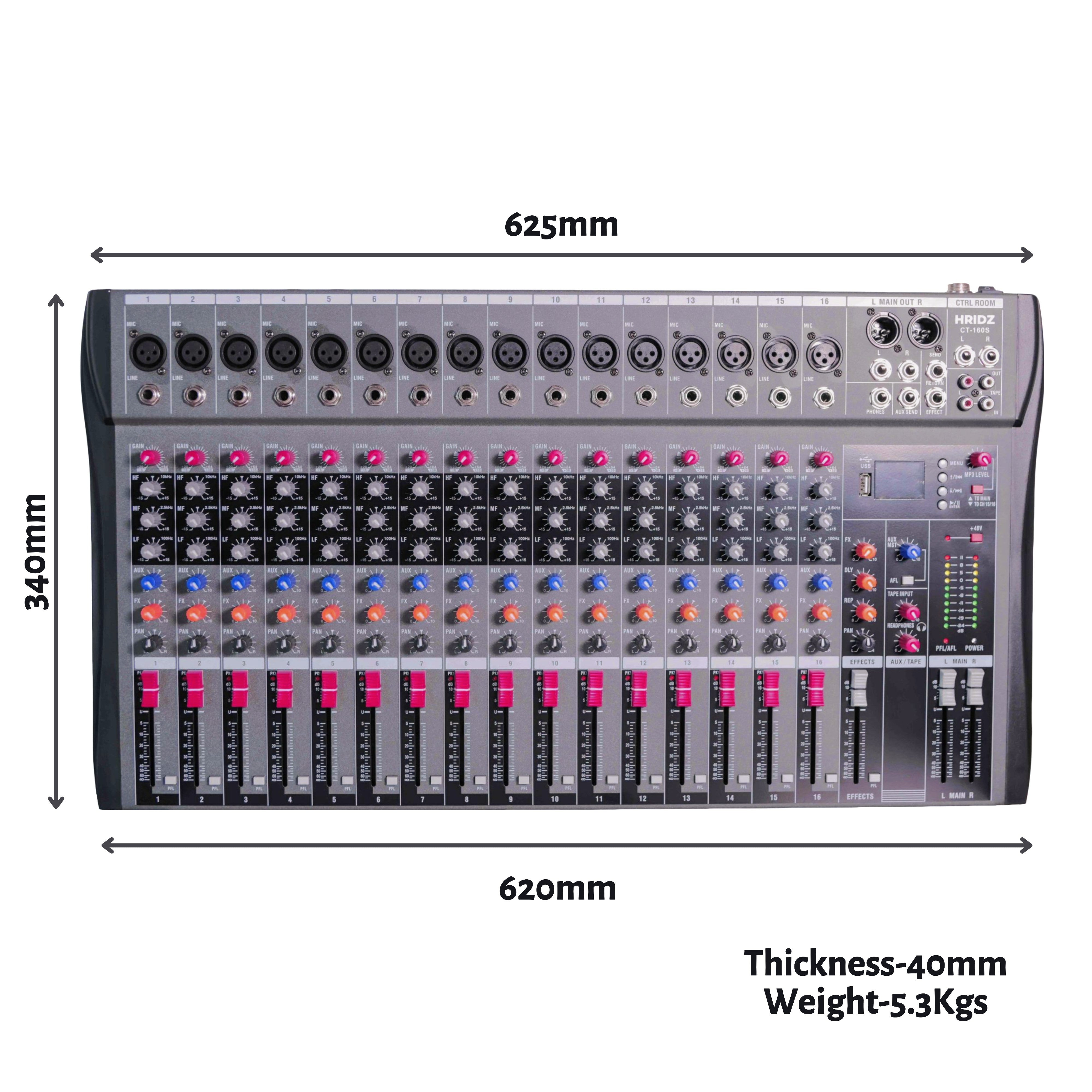 Hridz 16 Channel Professional Audio Mixer - USB Interface, Bluetooth & 48V Phantom Power for Studio, DJ, Karaoke & Live Stage