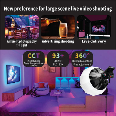 Hridz 200W RGB COB LED Video Light with Remote Control – Adjustable 2800K-6800K Studio Photography Lighting for YouTube, Live Streaming, Filmmaking & Content Creation