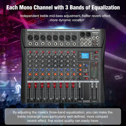 Hridz 8-Channel Audio Mixer with USB Sound Card & Bluetooth - Professional Studio Mixing for PC, DJ, Live Stage & Karaoke