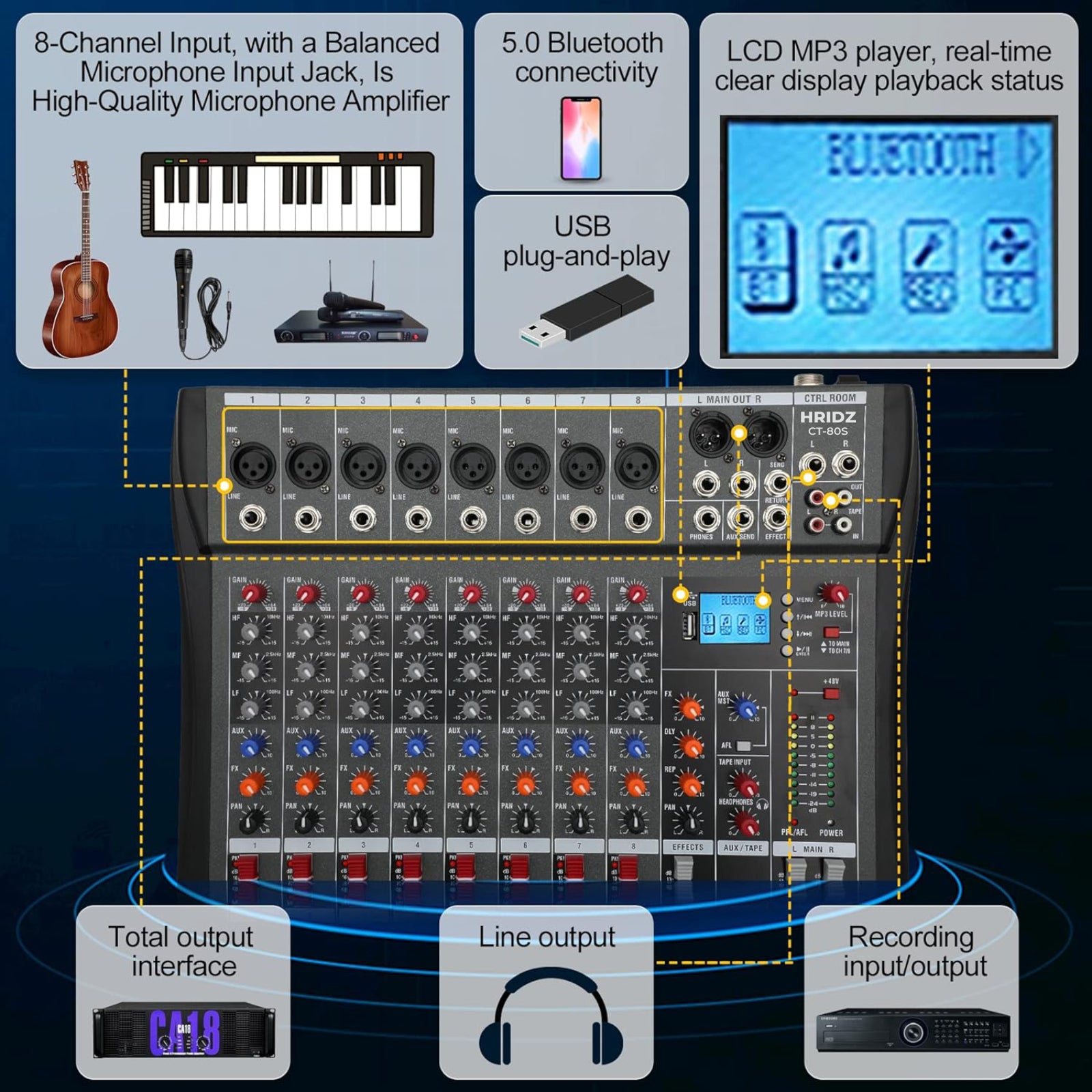 Hridz 8-Channel Audio Mixer with USB Sound Card & Bluetooth - Professional Studio Mixing for PC, DJ, Live Stage & Karaoke