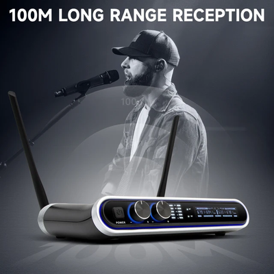 Hridz Wireless UHF Microphone Kit Dual Handheld Mics with 100m Range Receiver for Karaoke Meetings Parties