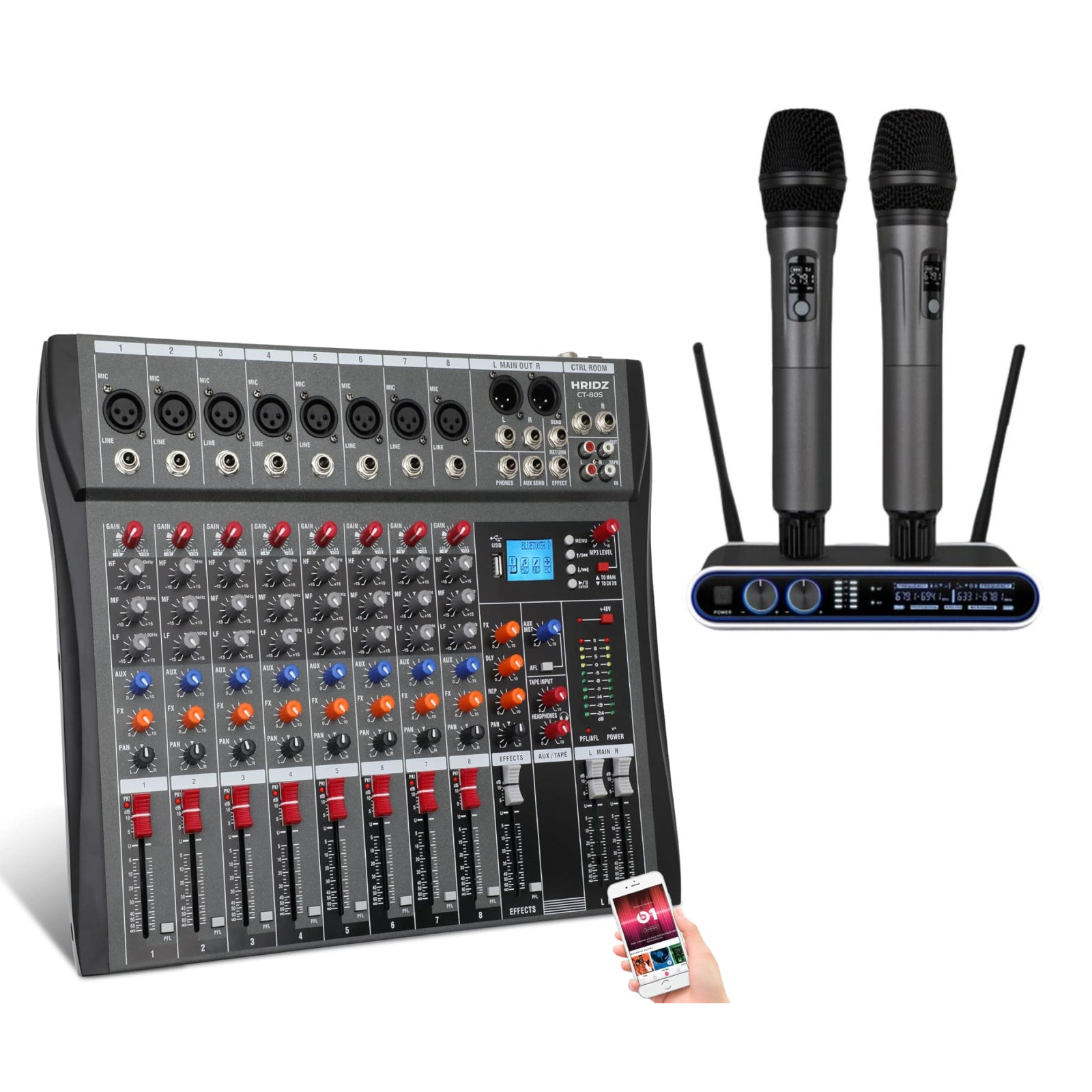Hridz 8-Channel Karaoke Stereo Audio Mixer & 100m Range UHF Wireless Microphone Bundle