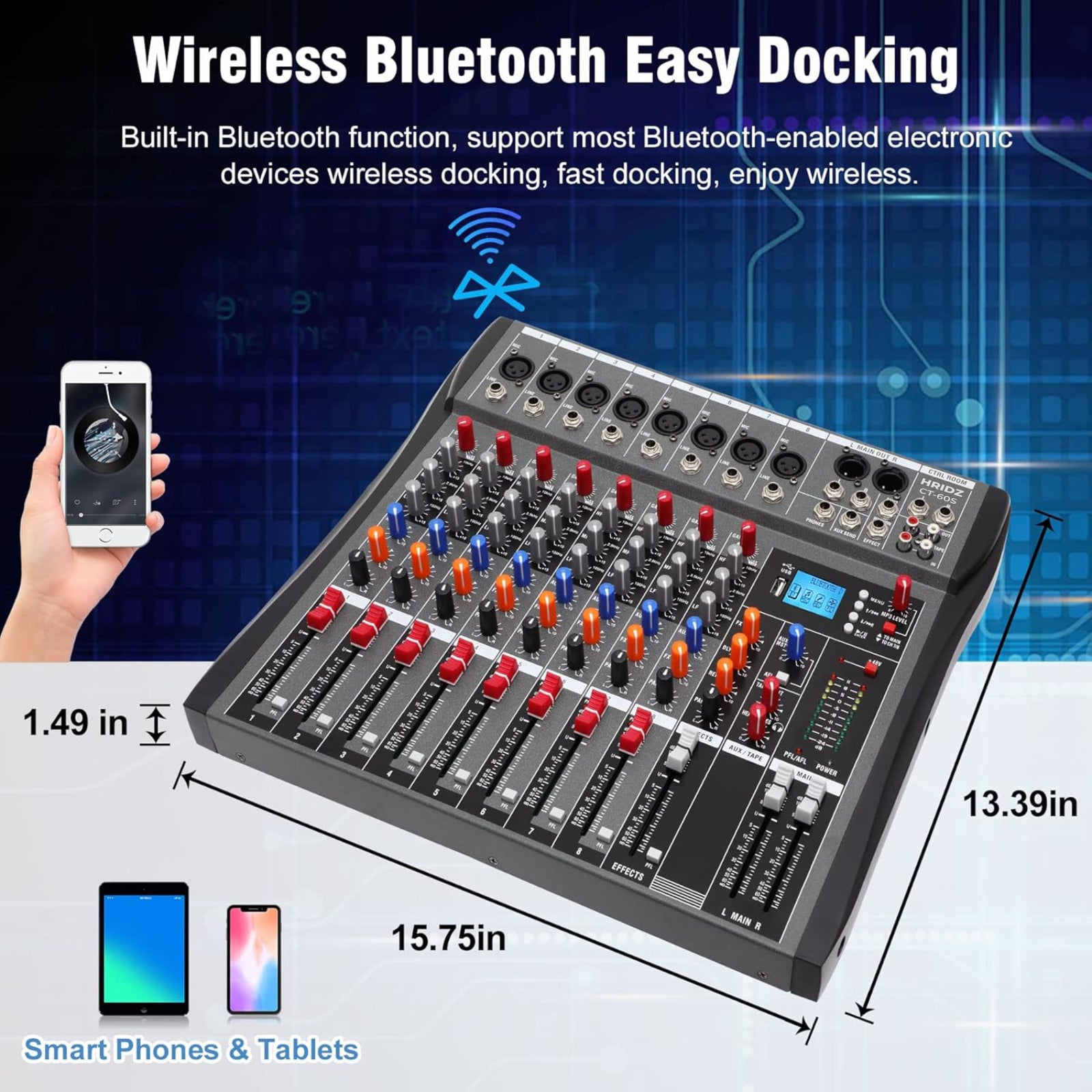 Hridz 8 Channels Bluetooth Audio Mixer DJ Karaoke Live Studio Mixing USB Console Amplifier AUX