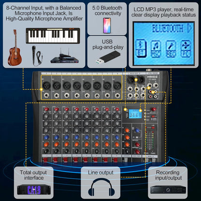 Hridz 8 Channels Bluetooth Audio Mixer DJ Karaoke Live Studio Mixing USB Console Amplifier AUX