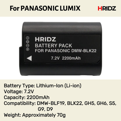 Hridz BLK22 Batteries & Charger Set for Panasonic Lumix G9 S5 GH6 GH5 GH5s & BLF19