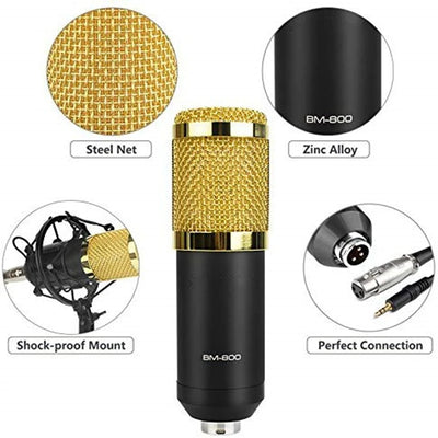 Hridz BM-800 Gold Studio Condenser Microphone Kit with Boom Arm, Pop Filter Shock Mount for Podcast, Streaming, Recording Voiceovers