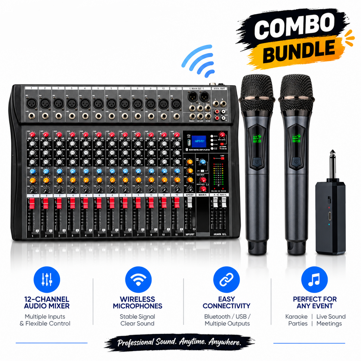 Hridz CT-120S mixer and U8 wireless microphone bundle for karaoke, DJ and live events