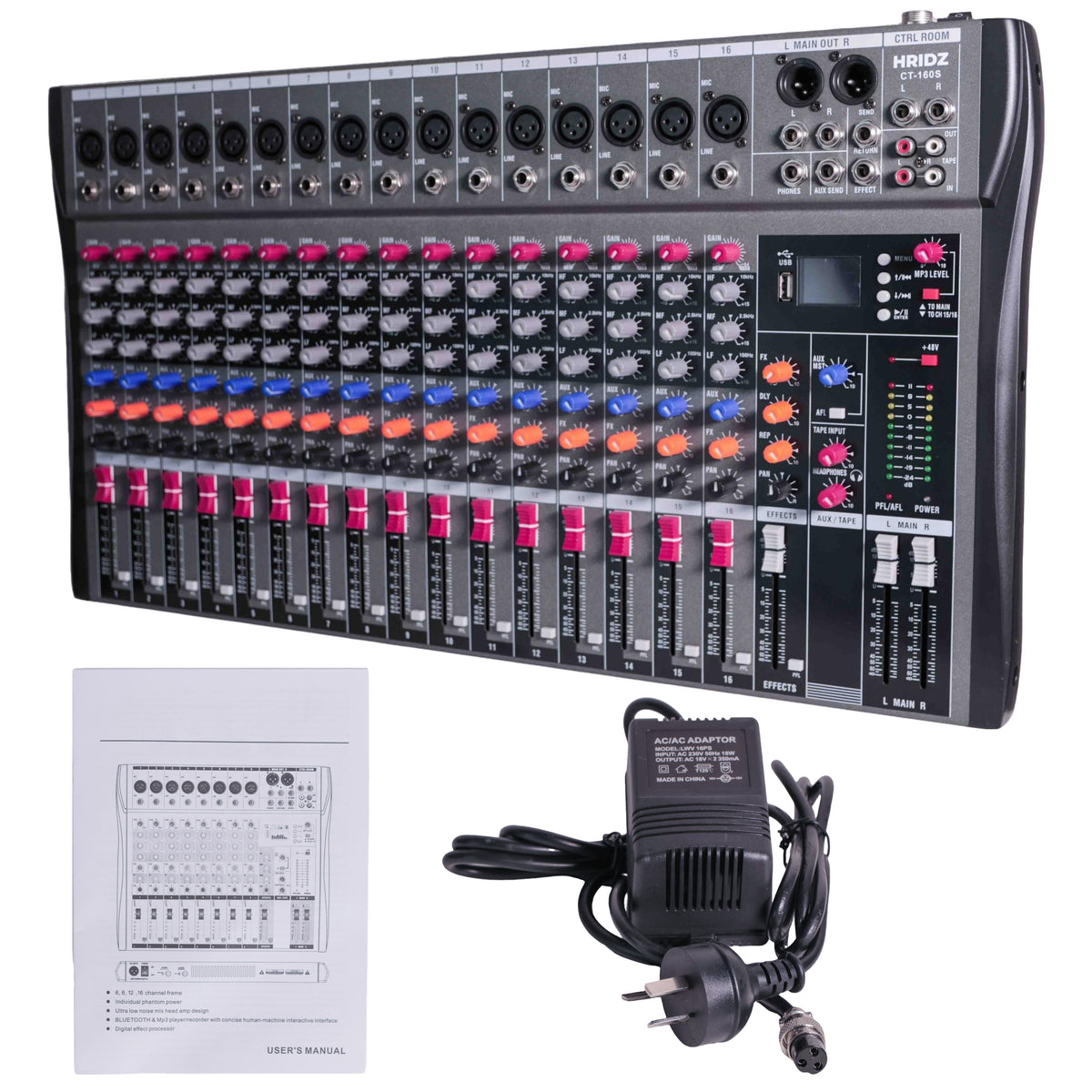 Hridz CT-160S 16-Channel Bluetooth Audio Mixer with USB & 48V Phantom Power