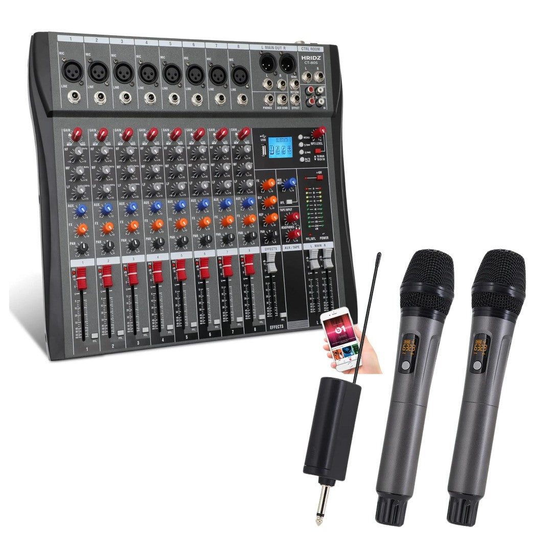 Hridz CT-80S 8 Channel Sound Audio Mixer & UR109 Dual Wireless Microphone Audio Bundle