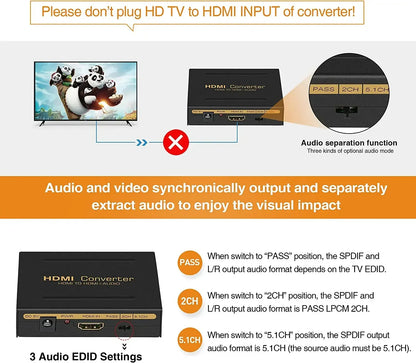 Hridz HDMI Audio Extractor Converter 4K 60Hz HDMI to SPDIF + RCA L/R Stereo