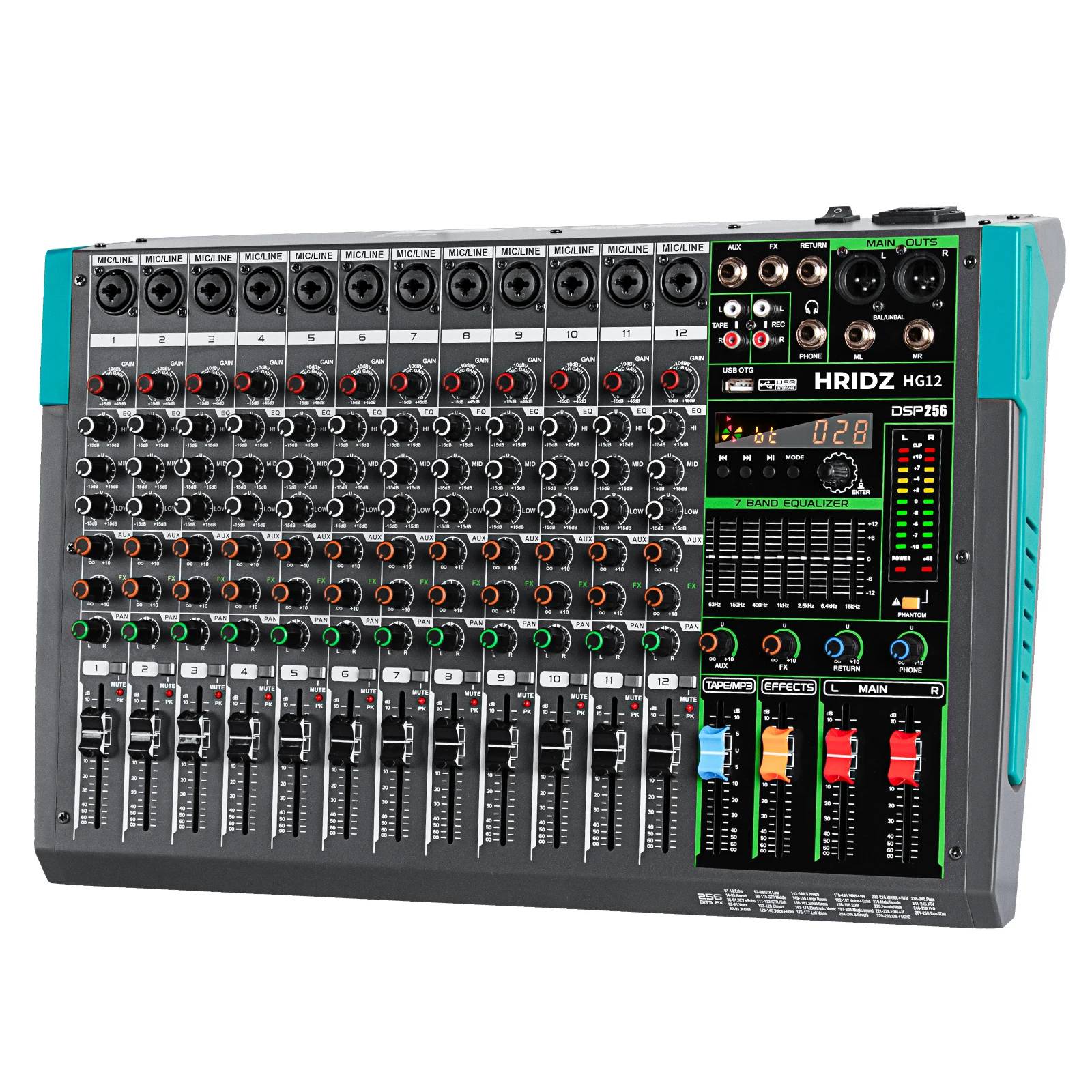 Hridz HG12 12-Channel Professional Audio Mixer Console with Bluetooth, USB, 7-Band Equalizer, DSP Effects