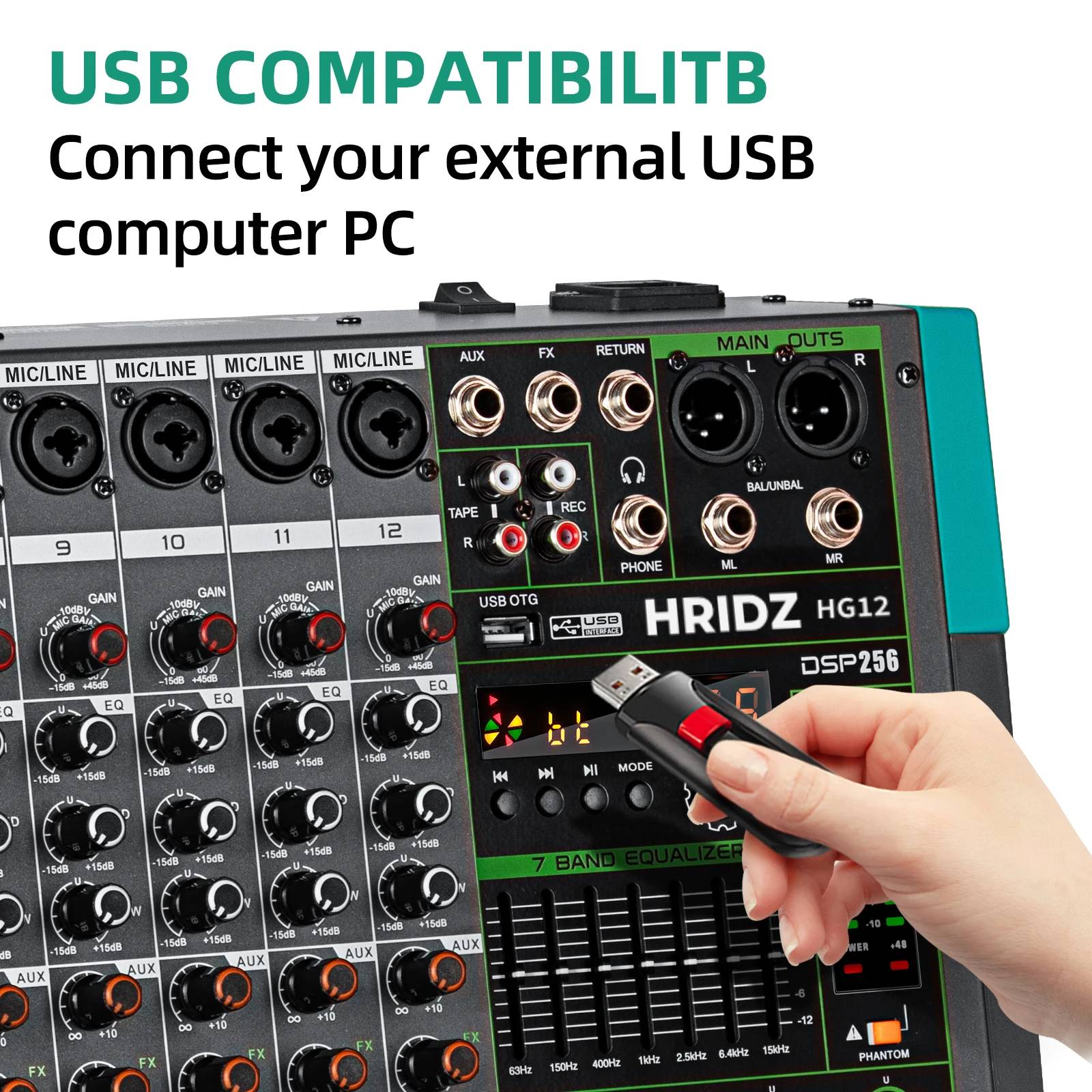 Hridz HG12 12-Channel Professional Audio Mixer Console with Bluetooth, USB, 7-Band Equalizer, DSP Effects