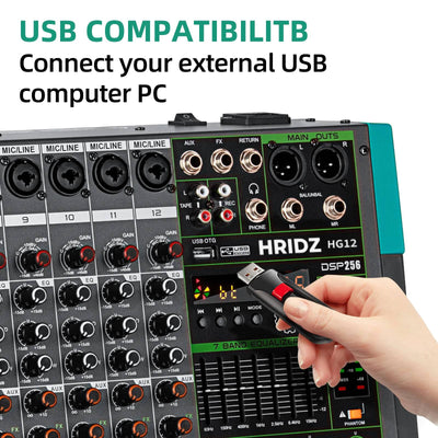 Hridz HG12 12-Channel Professional Audio Mixer Console with Bluetooth, USB, 7-Band Equalizer, DSP Effects