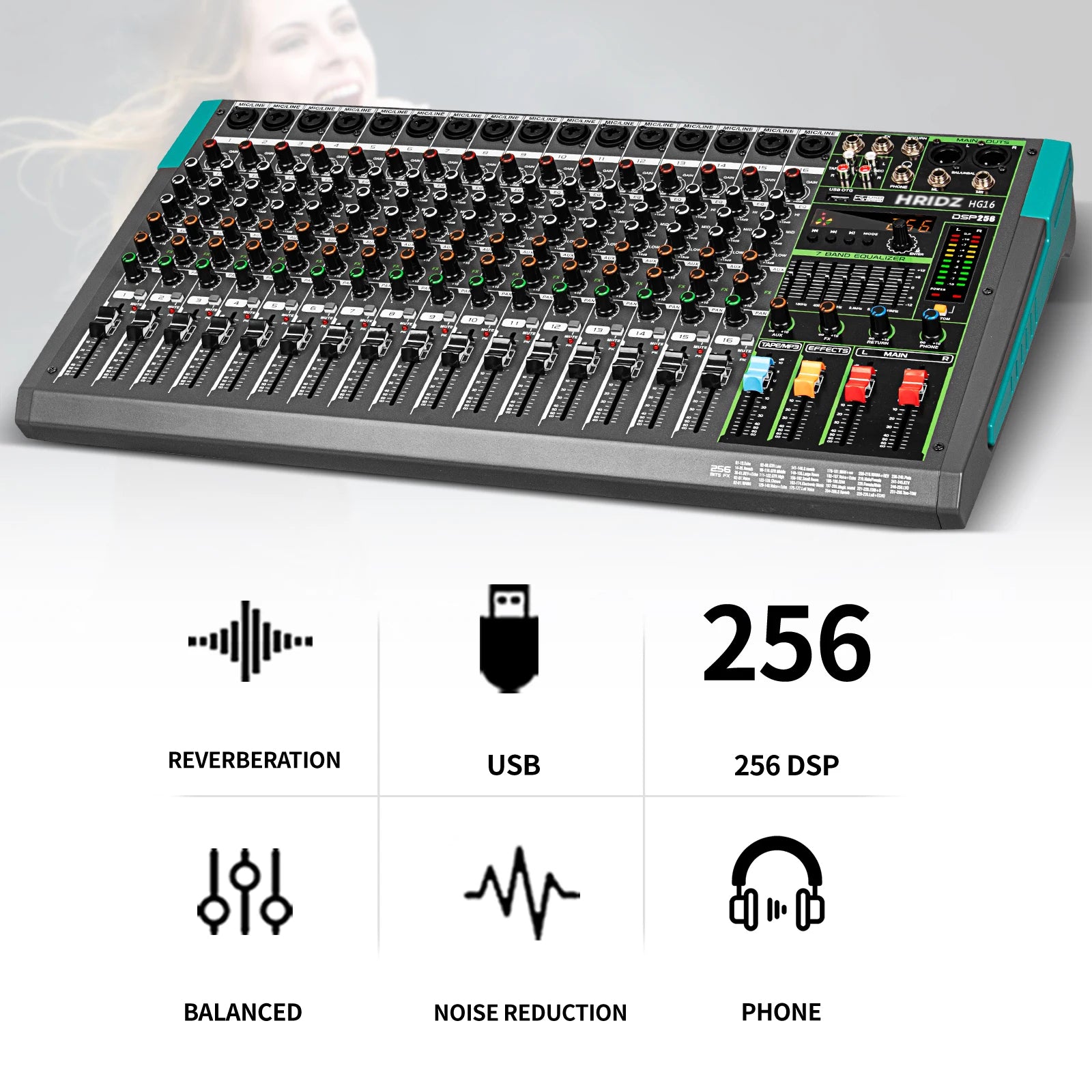 Hridz HG16 16-Channel Professional Audio Mixer Console with Bluetooth, USB, 7-Band Equalizer, DSP Effects