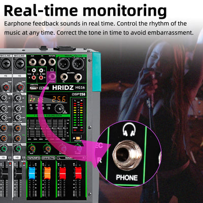 Hridz HG16 16-Channel Professional Audio Mixer Console with Bluetooth, USB, 7-Band Equalizer, DSP Effects