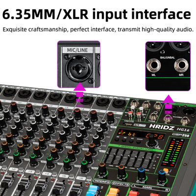 Hridz HG16 16-Channel Professional Audio Mixer Console with Bluetooth, USB, 7-Band Equalizer, DSP Effects