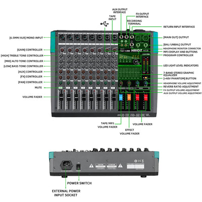 Hridz HG8 8-Channel Professional Digital Audio Mixer with Bluetooth, USB, 7 Band Equalizer & DSP Effects