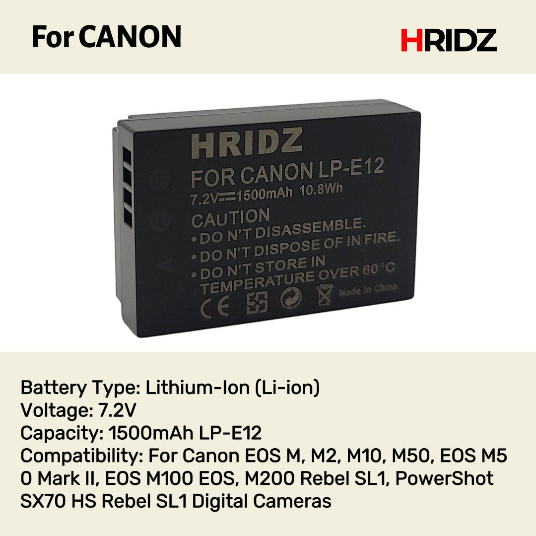 Hridz LP-E12 2 Batteries & Dual Charger for Canon EOS M/M2/M10/M50/M100/M200 & PowerShot SX70 HS